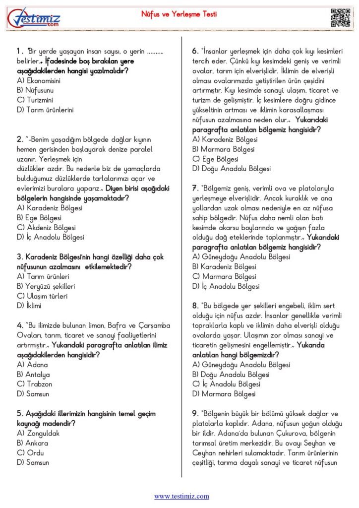 5. Sınıf Sosyal Bilgiler Nüfus ve Yerleşme Testi PDF