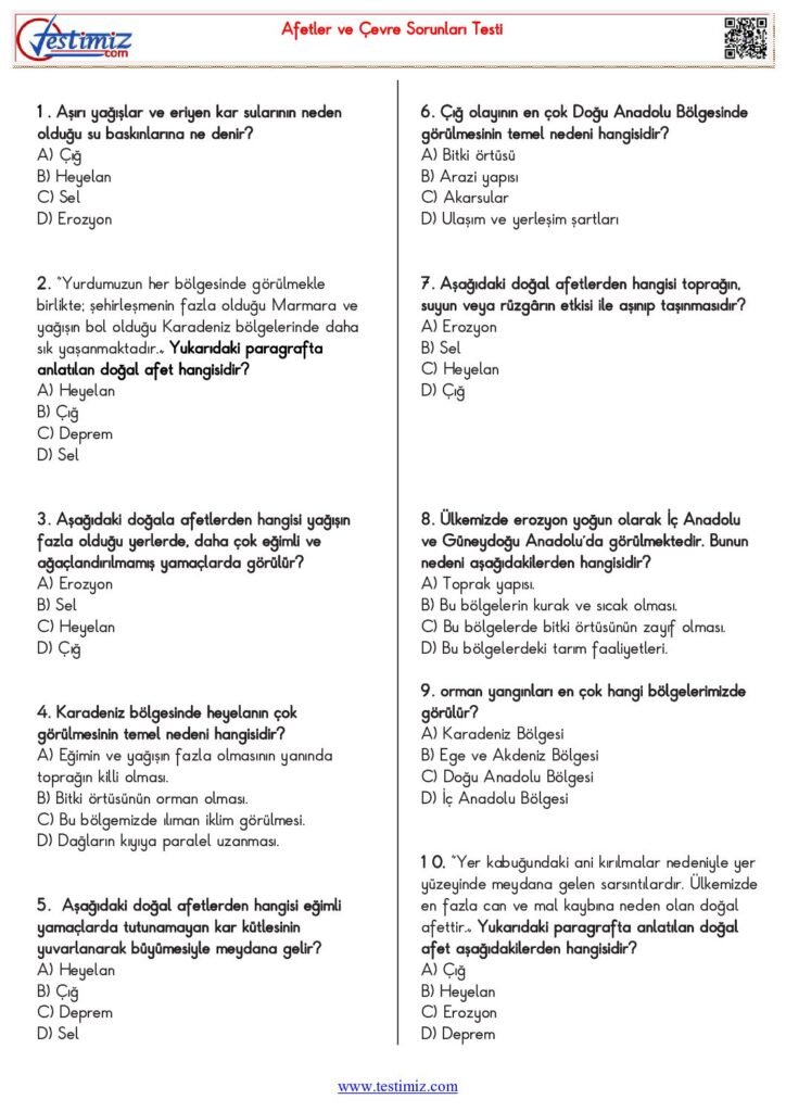 5. Sınıf Sosyal Bilgiler Afetler ve Çevre Sorunları Testi PDF