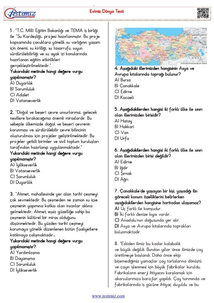 5. Sınıf Sosyal Bilgiler Evimiz Dünya Testi PDF