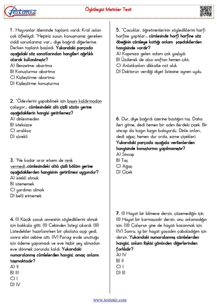 5. Sınıf Türkçe Öyküleyici Metinler Testi PDF