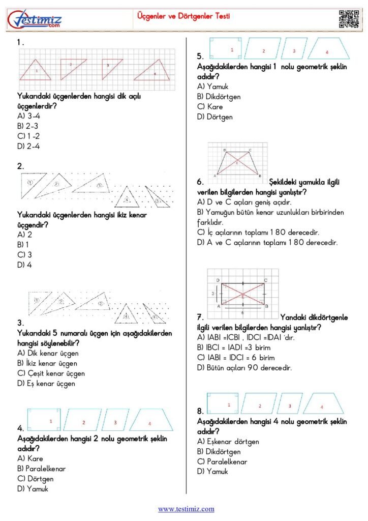 5. Sınıf Matematik Üçgenler ve Dörtgenler Testi PDF