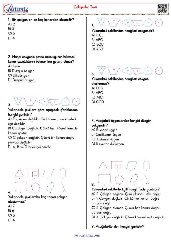 5. Sınıf Matematik Çokgenler Testi PDF