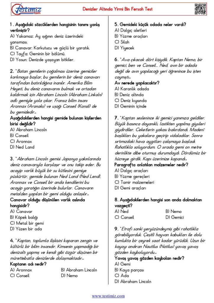 4. Sınıf Denizler Altında Yirmi Bin Fersah: Metin ve Test Çalışması