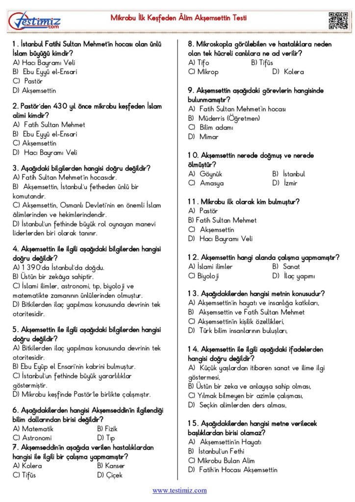 4. Sınıf Mikrobu İlk Keşfeden Âlim Akşemsettin Metin ve Test Çalışması