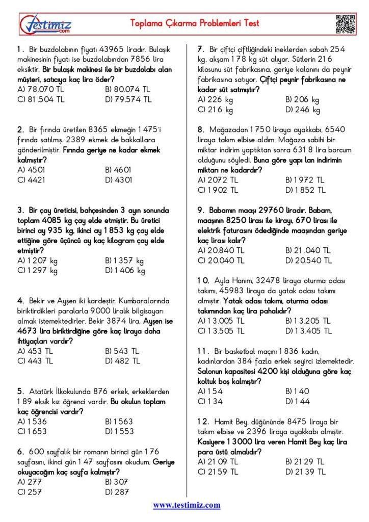 4. Sınıf Matematik Toplama Çıkarma Problemleri Testi PDF