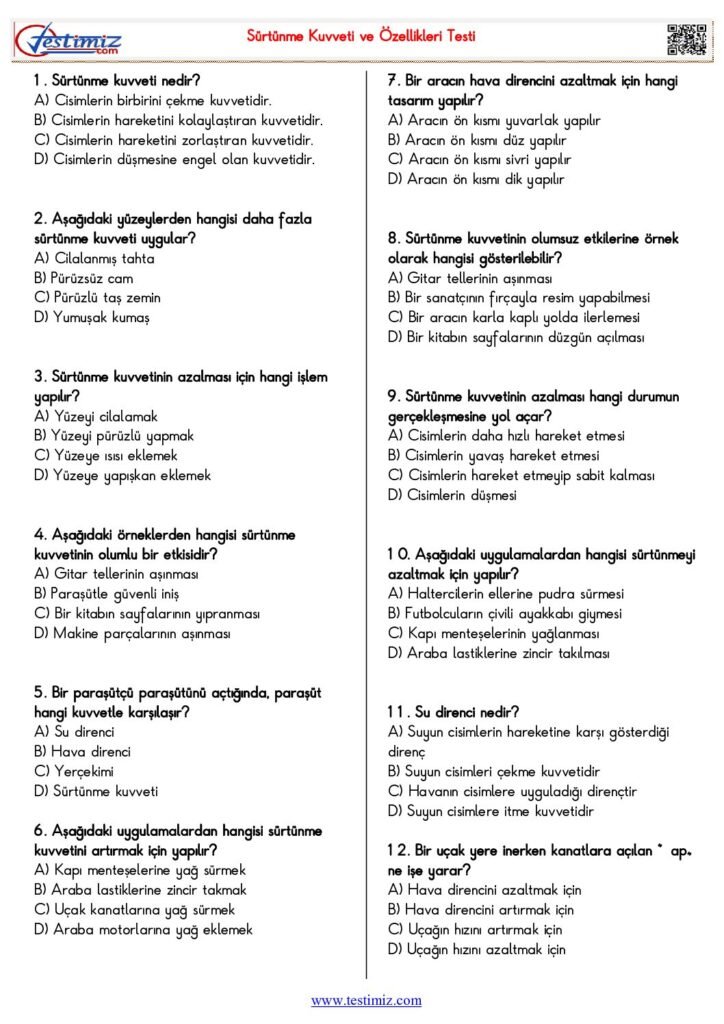 5. Sınıf Fen Bilimleri Sürtünme Kuvveti ve Özellikleri Testi PDF