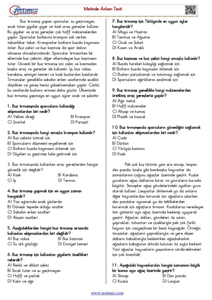 4. Sınıf Türkçe Okuma-Anlama Test Çalışması PDF